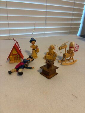 Vintage Handcrafted Wooden Christmas Ornaments Set Of 6